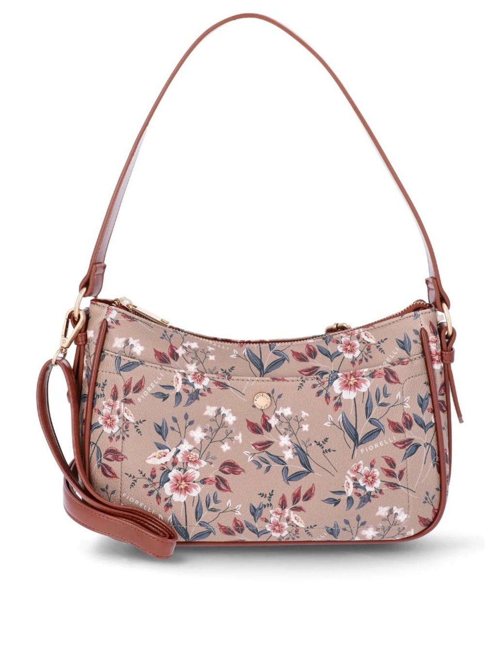Floral Print Shoulder Bag in Taupe with Brown Trim